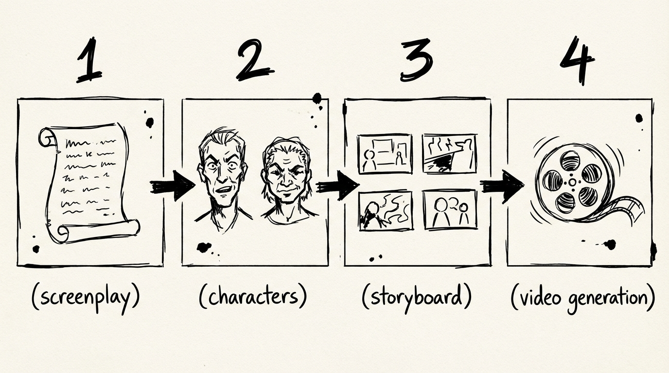 AI character card for a short film - a florist, clothing, prop, and emotional beats arranged as rough storyboard panels - minimalist black and white manga style